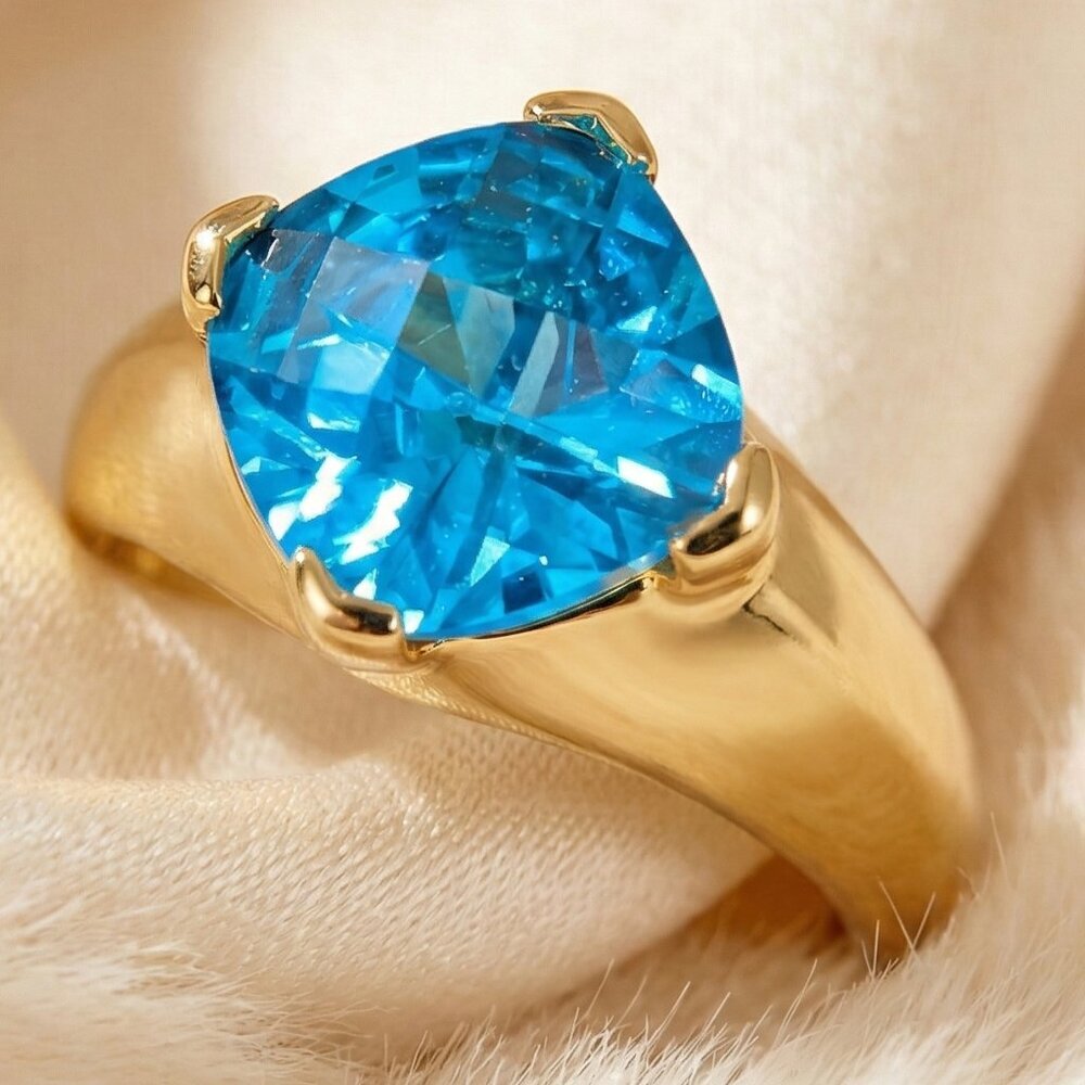 Vintage 925 Sterling Silver Gold Vermeil Statement Ring Faceted Blue Stone Sz 6 - Picture 7 of 16